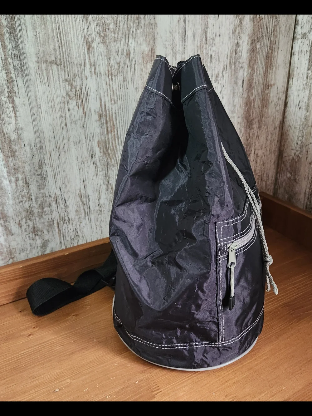 Nylon Black Drawstring Sling Backpack Tote Light Gray Accents Swim Gym Shoe Bag